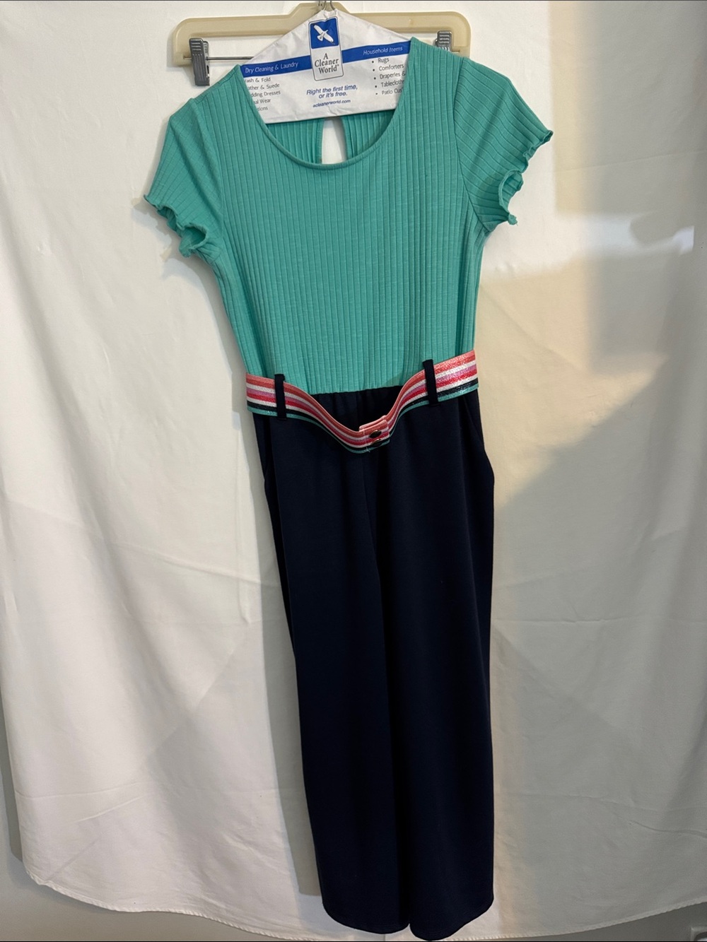 Sequin Hearts Mint Top Navy Wide-Leg Jumpsuit with Striped Waist